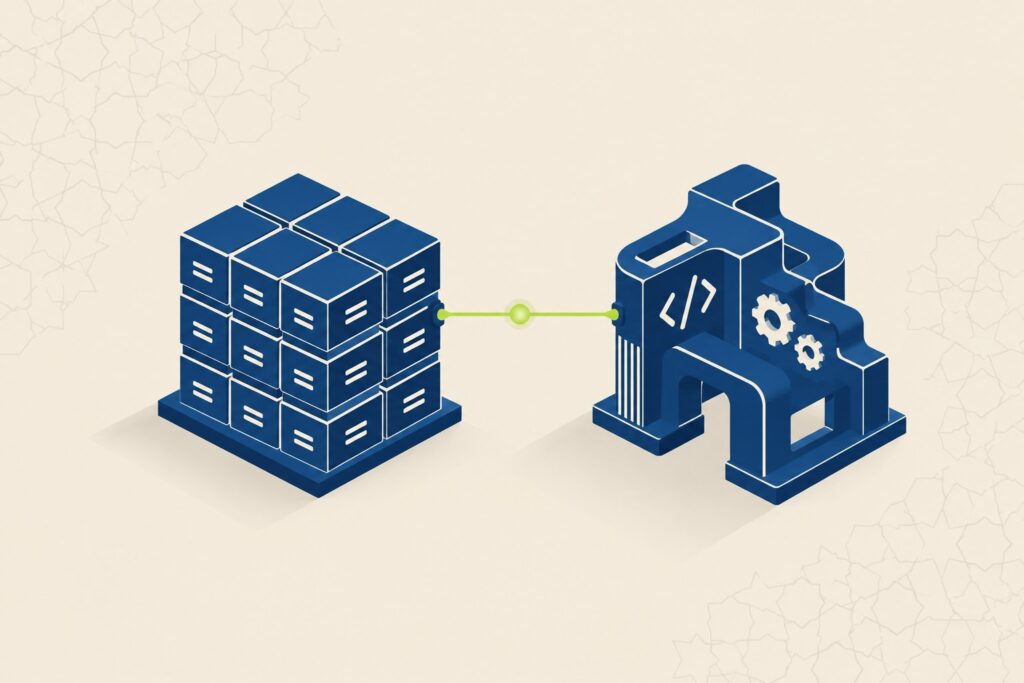 Illustration d'un carrefour entre un bloc ERP modulaire et un logiciel sur mesure, reliés par un pont, symbolisant le choix entre Odoo et le développement spécifique