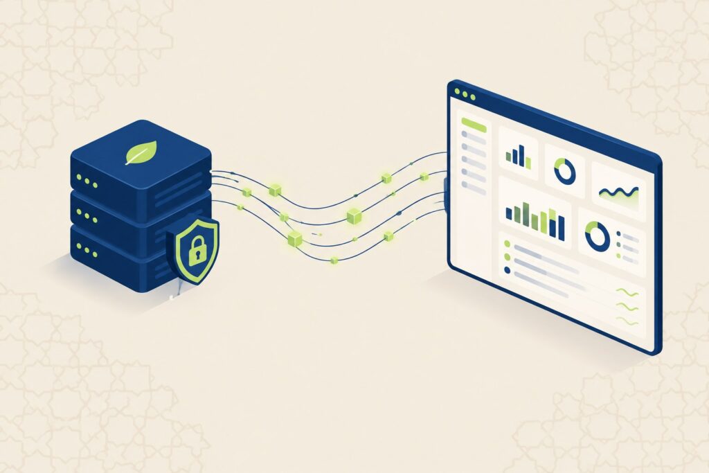 Illustration d'un serveur et d'une interface web reliés par un flux de données, symbolisant l'architecture Spring Boot et Next.js
