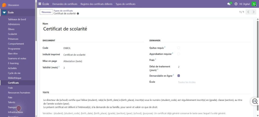 Un modèle de certificat de scolarité, généré une seule fois et vérifiable en ligne grâce à son code.